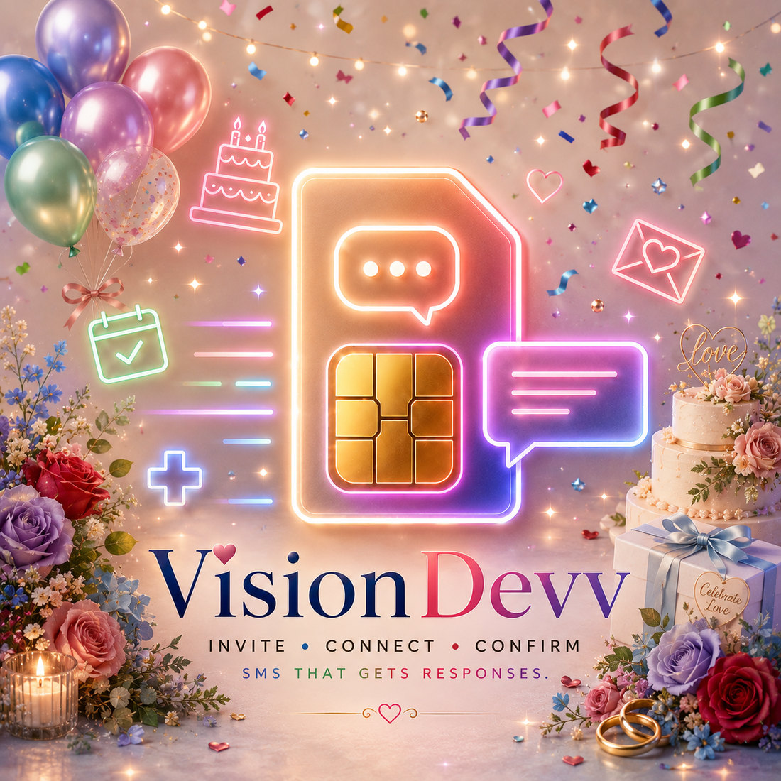 Vision Devv key art: a glowing neon SIM card ringed by balloons, ribbons, confetti and flowers, above the Vision Devv wordmark and the promise Invite, Connect, Confirm — SMS that gets responses.