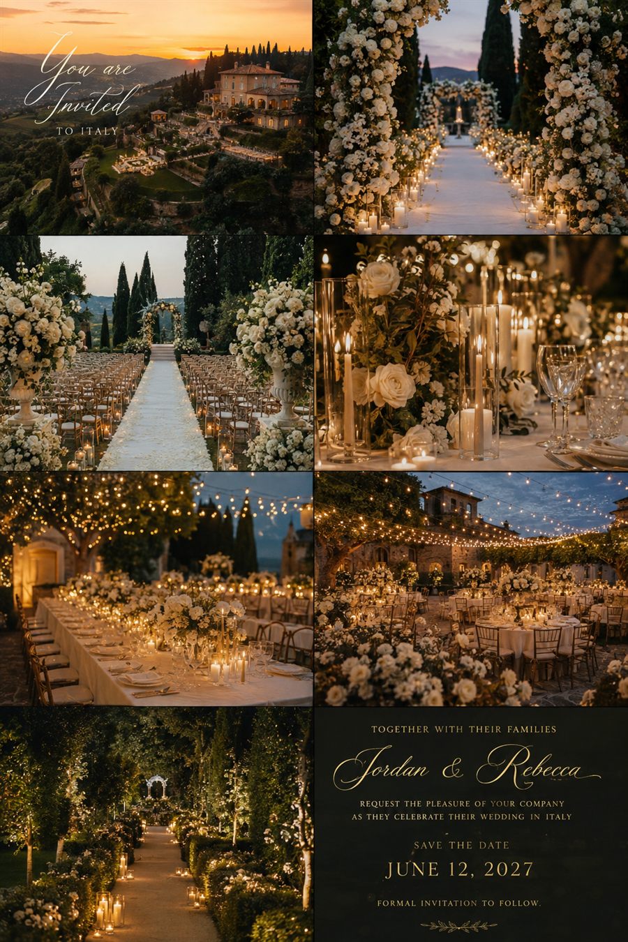 A save-the-date invitation for Jordan & Rebecca: a Tuscan villa at sunset, a candlelit aisle lined with white roses, and long tables under string lights, above the words &ldquo;You are invited to Italy&rdquo; and the date June 12, 2027.